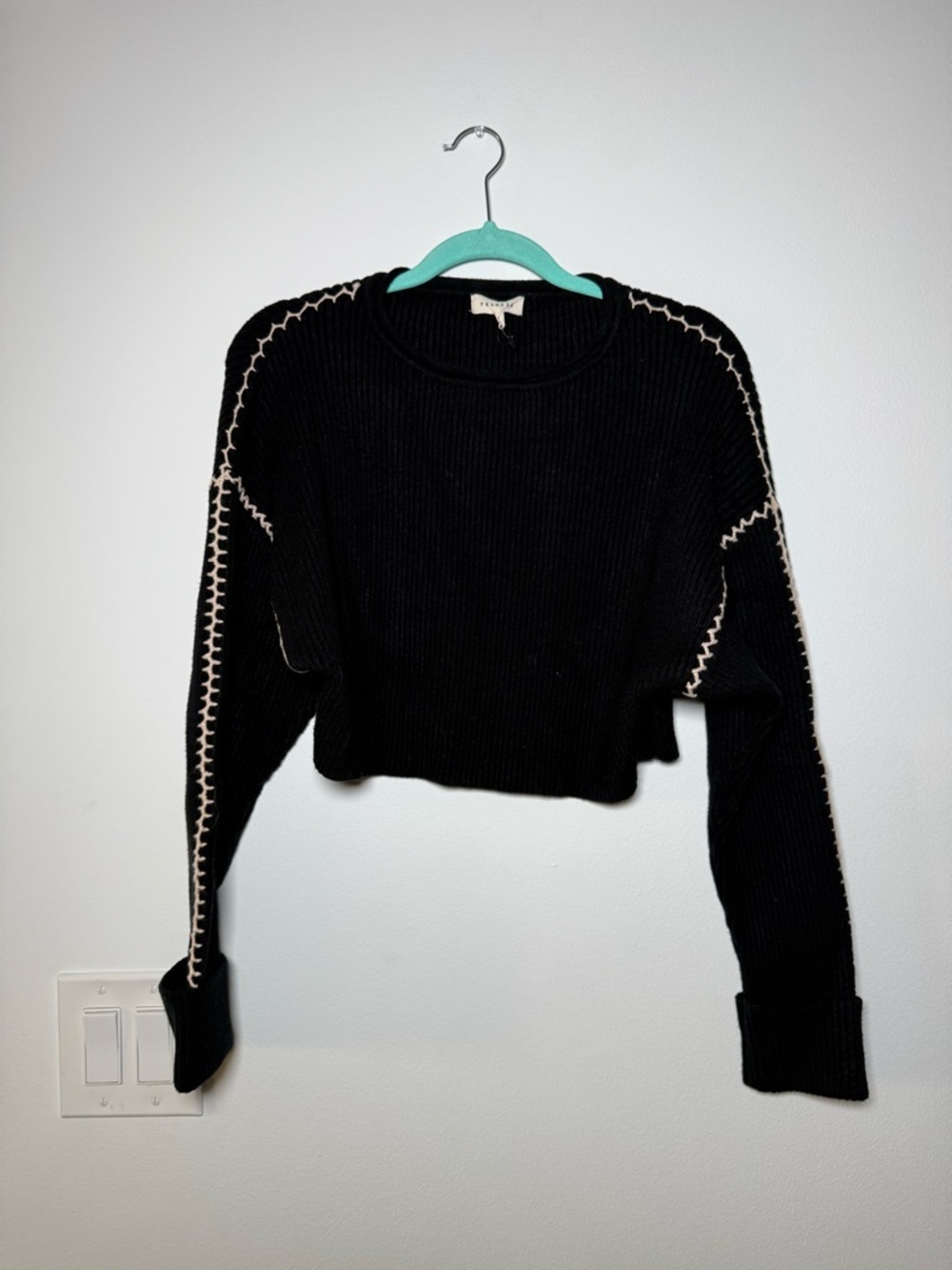 Promesa Black Ribbed Cropped Crewneck Top with Cream Label Accent